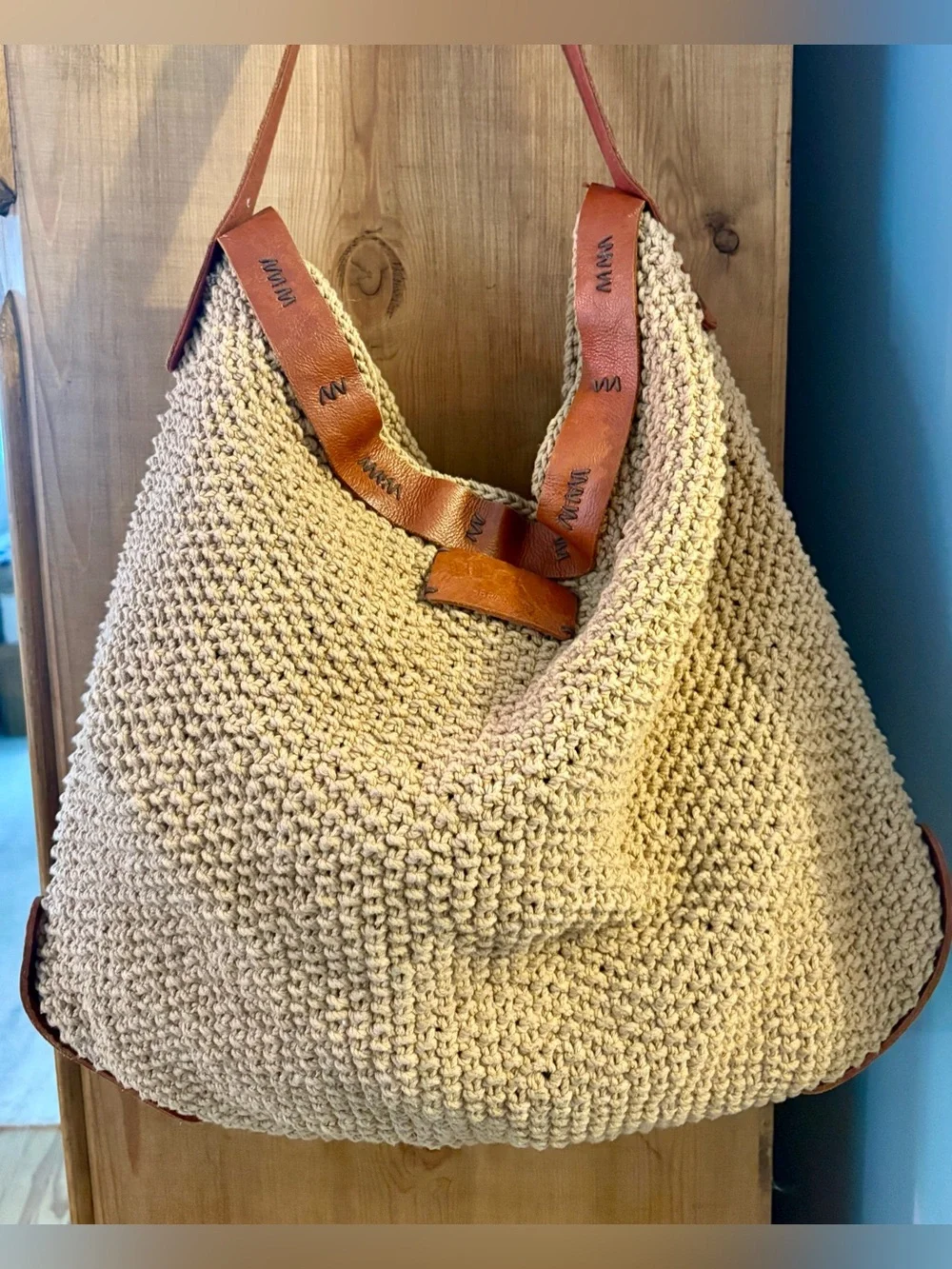 Lucky Brand Vintage Boho Crochet & Leather Shoulder Bag Tote